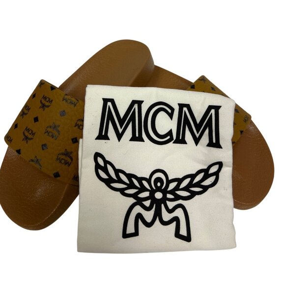 MCM Monogram Print Men's Visetos Sandal Slides Cognac Rubber EU 35 US 5 Youth - Picture 2 of 10
